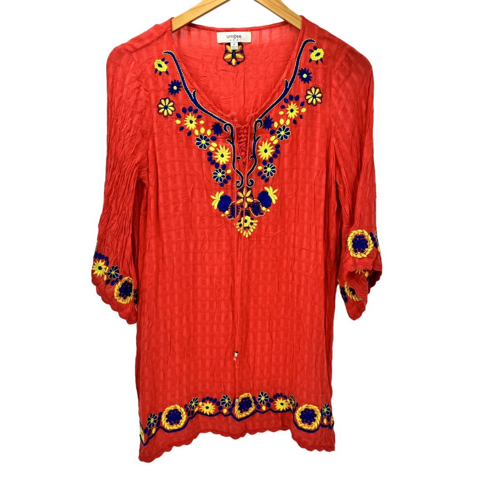 Umgee Tunic Top Womens Medium Pink‎ Embroidered Boho Floral 3/4 Sleeve Pullover